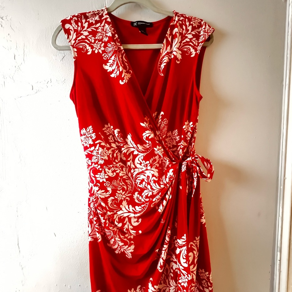 INC Elegant Red / White Floral Wrap Dress